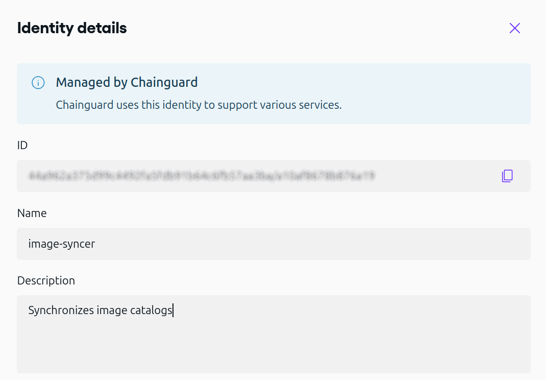 Screenshot of the image-syncer identity's entry in the Chainguard Console, showing its ID (blurred), name, and description.